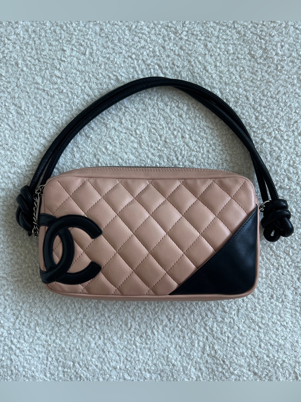 Chanel Cambon Ligne Pochette Beige Black Quilted Leather Shoulder Bag Y2K